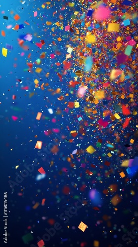 Colorful confetti falling against a vibrant blue background during a festive ...