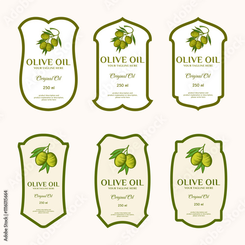 Olive oil label set. Olive fruit ornaments are the main point of the old label.