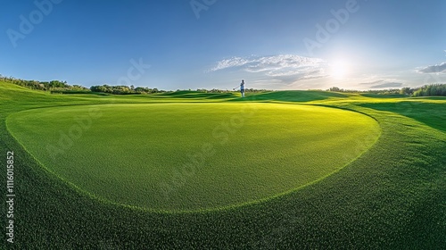 Golfer swings club on a vibrant green course during golden hour in sunny weather