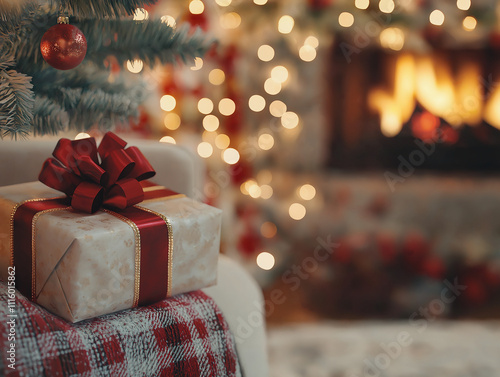 Christmas gifts on a wooden table with decorations