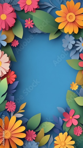 Colorful paper flowers arranged beautifully on a blue background creating a d...