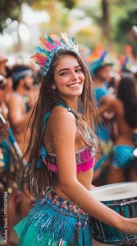 Drummers in vibrant costumes showcase festive energy at a lively parade in br...
