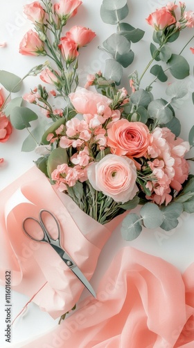 Beautiful pink rose bouquet arranged in soft wrapping at a well lit space