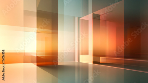 Dynamic Abstract 3D Blocks with Striking Light and Shadow Effects, An abstractly blurred office space, with faint outlines of a modern working 