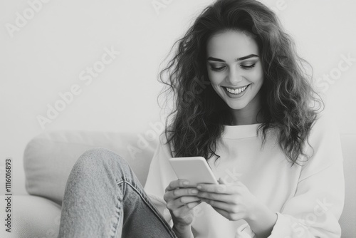 Smiling woman engaging with her smartphone while relaxing on a couch in a coz...