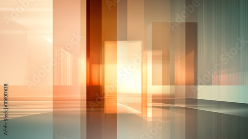 Dynamic Abstract 3D Blocks with Striking Light and Shadow Effects, An abstractly blurred office space, with faint outlines of a modern working 