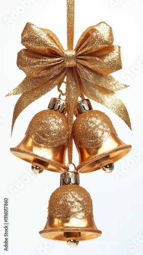 Decorative golden bells hang elegantly with a sparkling bow for festive celeb...