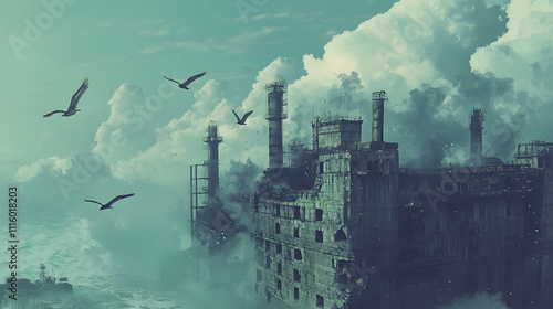 A large, crumbling factory building sits atop a misty, cloudy landscape. Birds are flying near it. photo