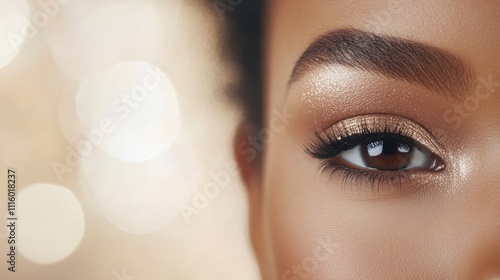 Elegant makeup application highlighting shimmering eyeshadow and precise eyel...