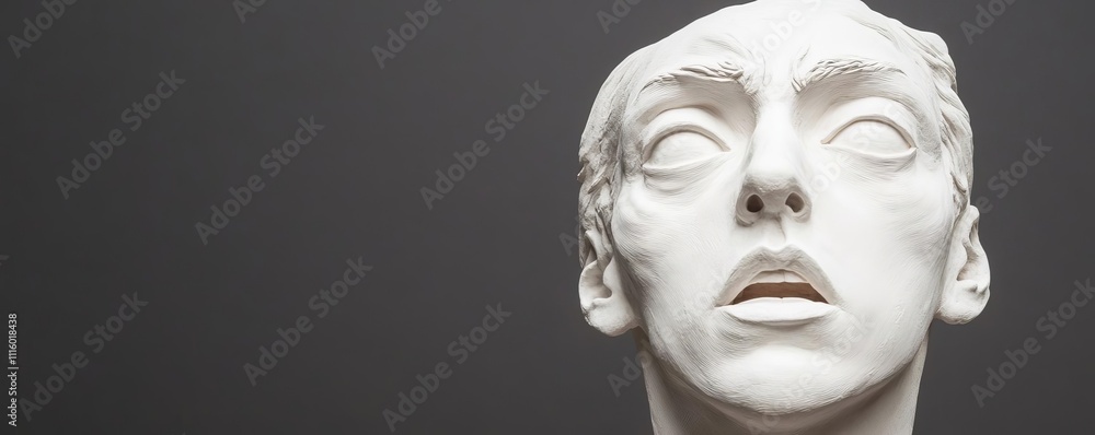 Plaster sculpture of a human face with exaggerated features, capturing drama Plaster sculpture of a human face with exaggerated features, capturing drama
