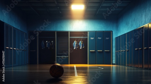 A dimly lit basketball locker room with a ball on the court and uniforms hanging.