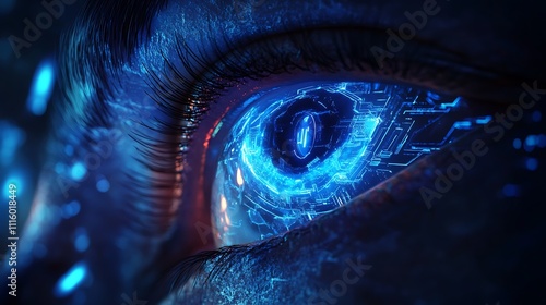 A futuristic glowing blue eye design with intricate digital circuitry patterns, symbolizing surveillance and AI vision technologies photo