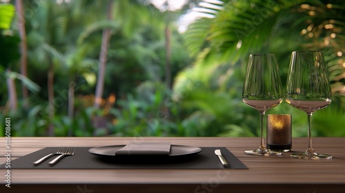 Elegant outdoor dining setup with glassware and candlelight among tropical gr...