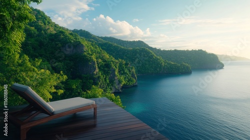 Serene ocean view from a wooden deck overlooking lush green cliffs at sunrise