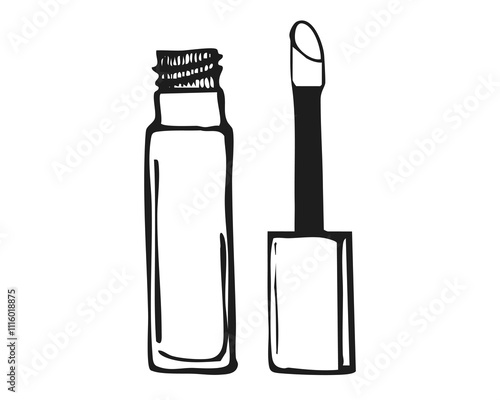 Hand drawn concealer brush and tube isolated on white background. Makeup concept vector illustration