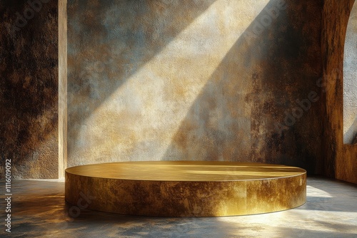 Elegant golden circular platform illuminated by soft natural light in a minim...