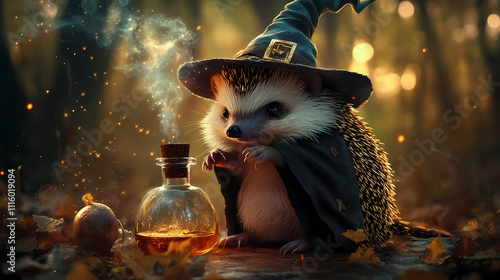 Hedgehog in a miniature witch s cloak, holding a potion vial, hedgehog in witch costume, cute magic, alchemy. Alchemy. Illustration photo