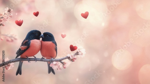 Two colorful birds perched on a branch surrounded by hearts and blossoms in s...