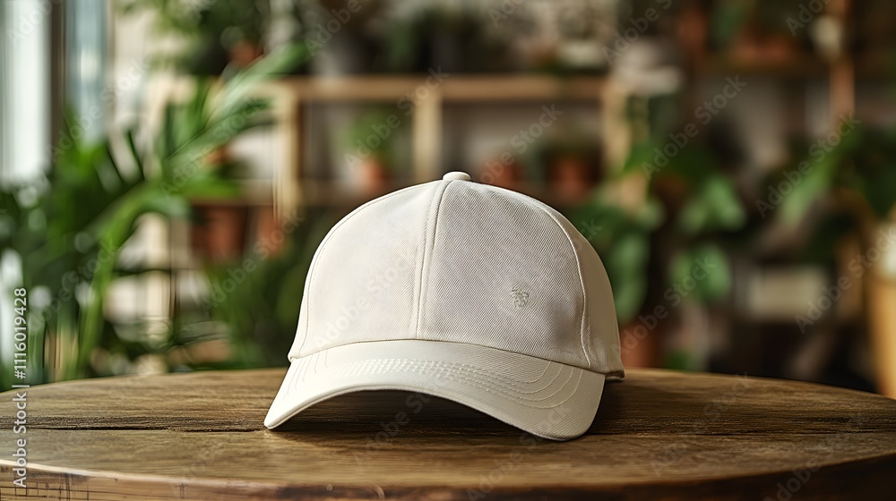 White baseball cap with small embroidered logo on wooden table, photographed with soft natural lighting and blurred indoor background featuring plants, lifestyle aesthetic. White baseball cap with small embroidered logo on wooden table, photographed with soft natural lighting and blurred indoor background featuring plants, lifestyle aesthetic.