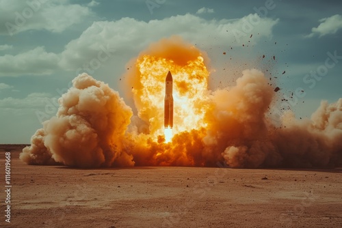 Rocket launch creates large explosion with smoke and fire in a clear sky
