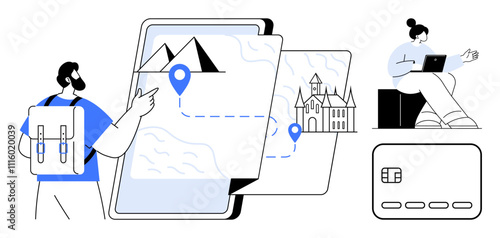 Travelers with backpacks explore destinations using mobile devices, maps and location markers. Ideal for travel apps, trip planning, booking platforms, digital nomads, tourism marketing, adventure
