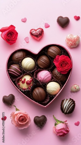 Heart shaped box of assorted chocolates surrounded by fresh roses on a pink b...