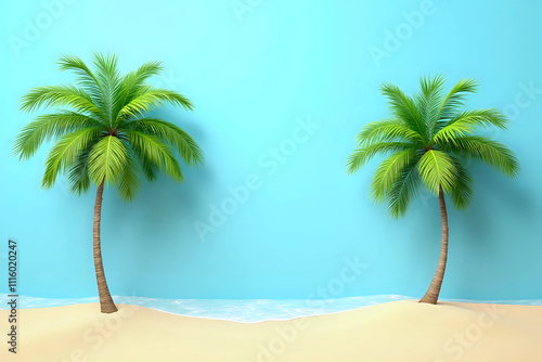 Trendy Summer composition made of Coconut trees with beach sand on blue background. Minimal summer concept.Creative art,Contemporary style.Banner background with writing space and copy space. photo