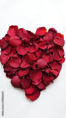 Heart shaped arrangement of red rose petals on a white background for romanti...