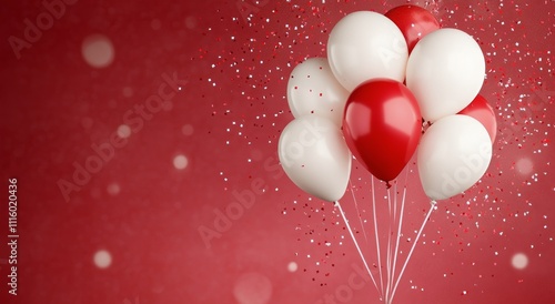 Colorful red and white balloons with confetti against a vibrant background