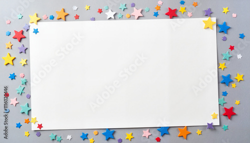 Colorful star confetti border on a gray background