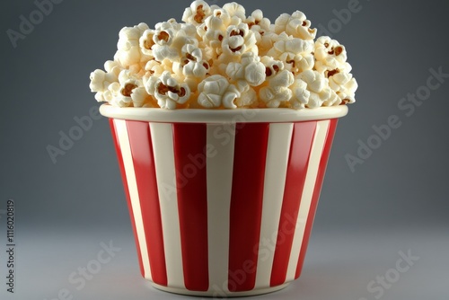 Delicious popcorn in a classic striped container ready for movie night enjoyment