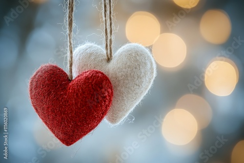 Decorative red and white hearts hanging together in soft background lights