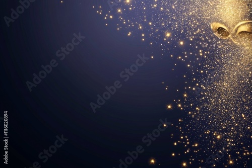 Glittering gold masquerade mask with stars and ribbons on dark background for...