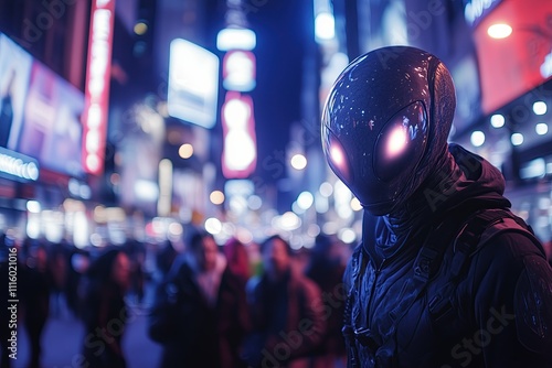 alien walking through the bustling city streets, the camera tilting to capture towering skyscrapers and the glowing faces of passersby staring curiously at him photo