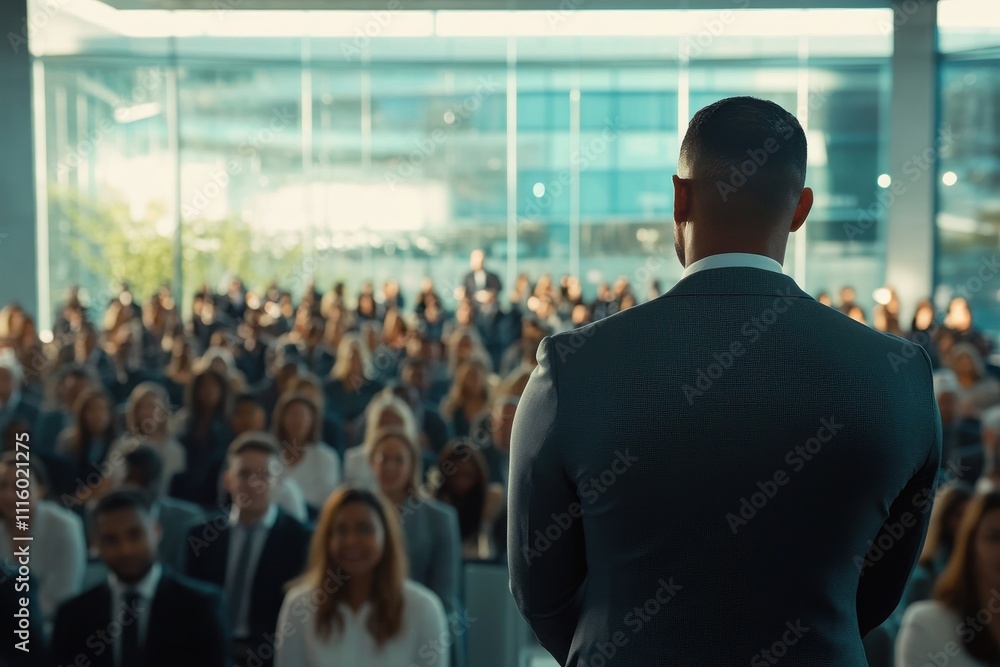 Fototapeta premium Engaged employees listening to CEO announce company changes, showcasing confident leadership and clear communication in a modern conference hall with a diverse audience and motivated staff.