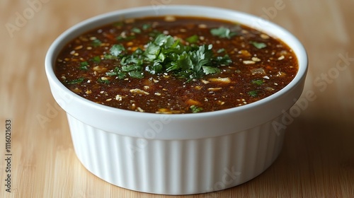 Warm and hearty soup served in a white bowl with green herbs on top
