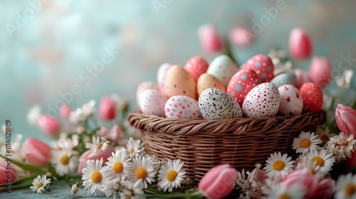 Colorful Easter eggs in a basket among vibrant flowers on a sunny day