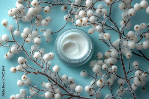 Cream container surrounded by snowy white berries on a light blue background