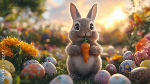 Cute rabbit holding carrot among colorful eggs and flowers in a vibrant sprin...