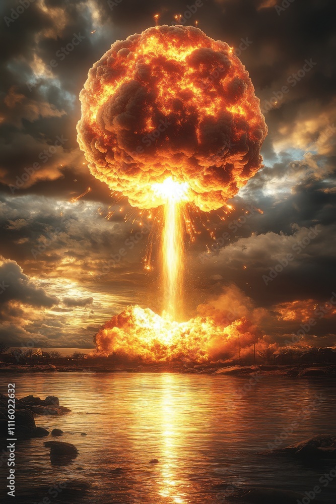 Fototapeta premium Mushroom cloud explosion over water with glowing fire and reflections, symbolizing power and destruction, suitable for cinematic visuals, action posters, and wallpapers.
