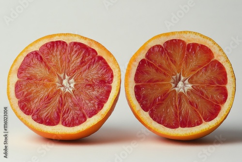 Slices of vibrant blood oranges revealing juicy and colorful interior with fr...