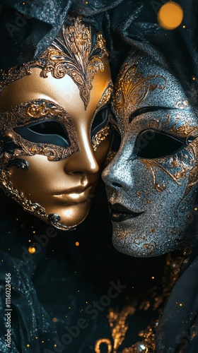 Intriguing black and gold masks display detailed artistry against a dark back...