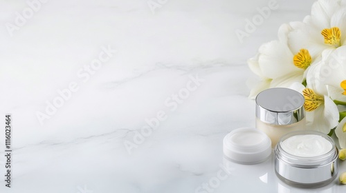 Skincare products arranged on a marble surface with green flowers nearby