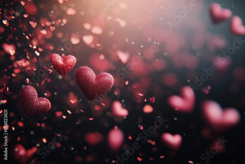Red hearts falling through dark background creating a festive atmosphere for ...