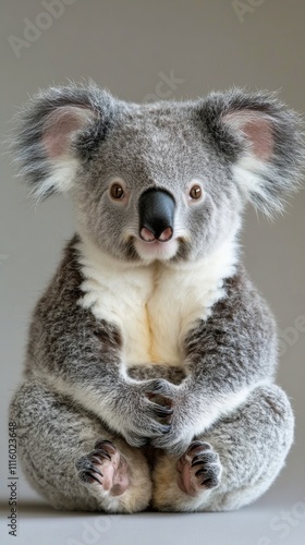 Koala sitting calmly with a playful expression indoors during daytime