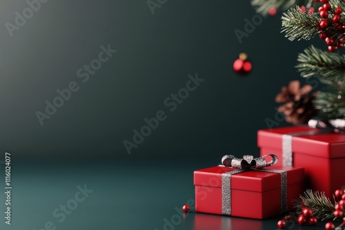 Red holiday presents with bows and pine branches on a dark green background