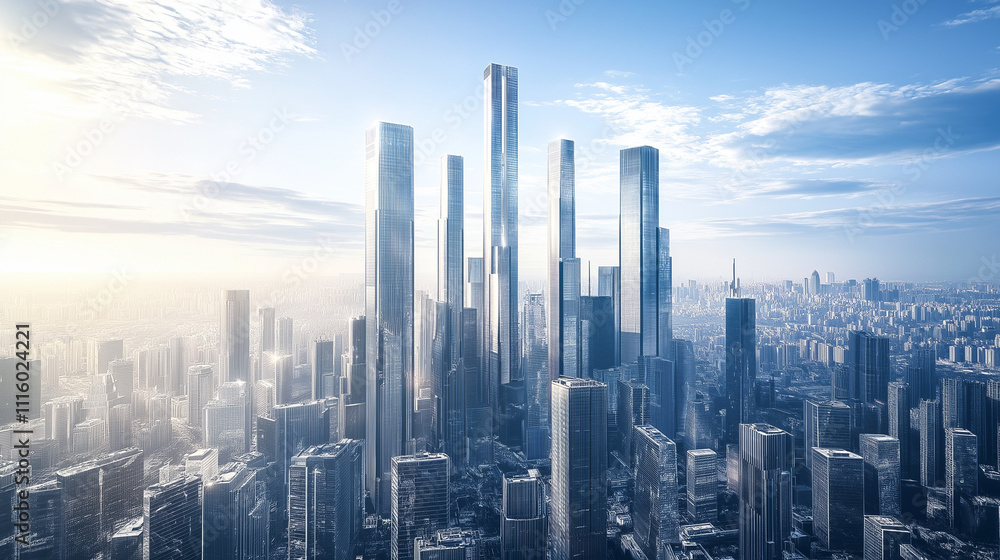 Fototapeta premium Urban Innovation A Futuristic Skyline Under Blue Skies