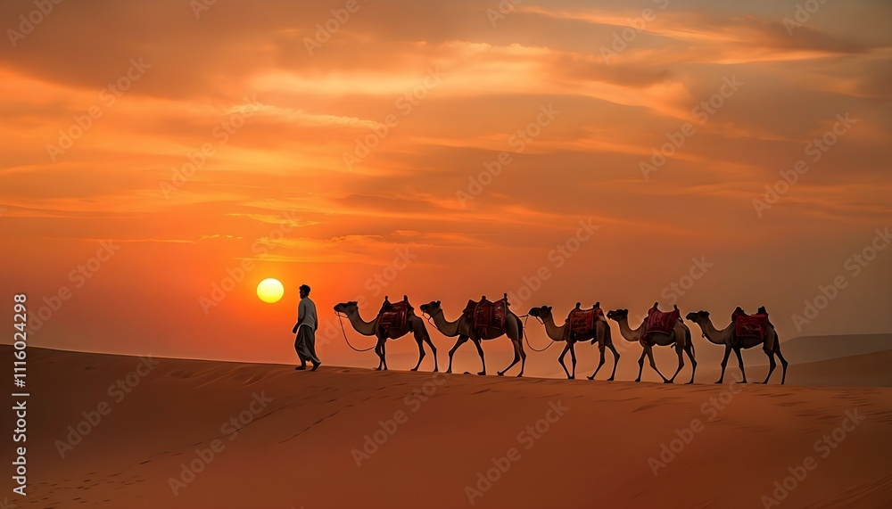 Desert sunset with camels and leading man, animal, big mammal with hump a livestock of a sandy tropical arid hot and dry warm landscape, jamal, chameau, camello, camelo, oont, unt stockphoto Desert sunset with camels and leading man, animal, big mammal with hump a livestock of a sandy tropical arid hot and dry warm landscape, jamal, chameau, camello, camelo, oont, unt stockphoto