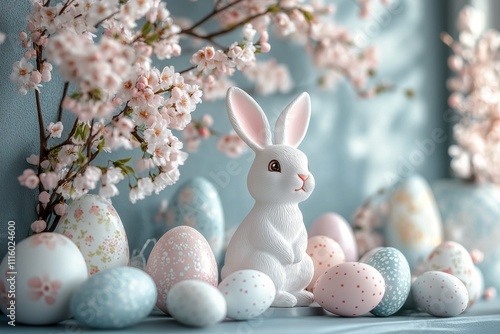 Cute white rabbit surrounded by pastel colored eggs and cherry blossoms for s...
