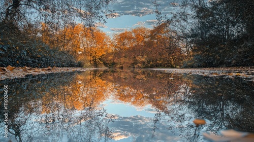 Autumnal Reflection: A Serene Pond Mirrors Golden Trees